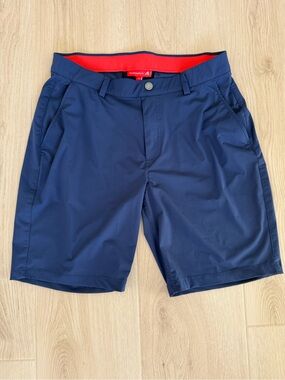 Redvanly Men's Navy Flat-Front Shorts with Red Waistband Accent